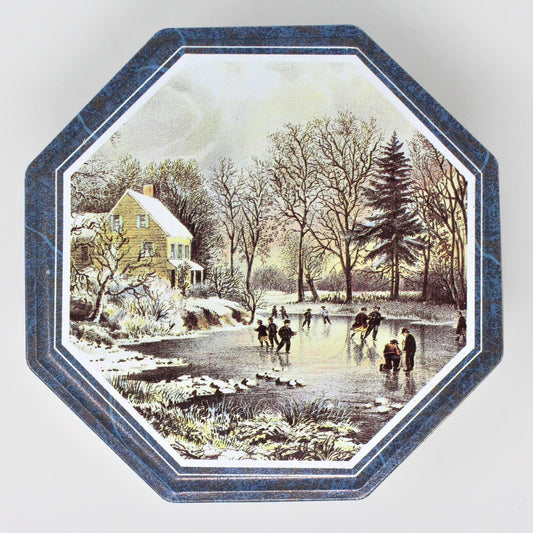 Gift Tin / Cookie Tin, Currier & Ives, Winter Scenes, Blue Octagon, Vintage