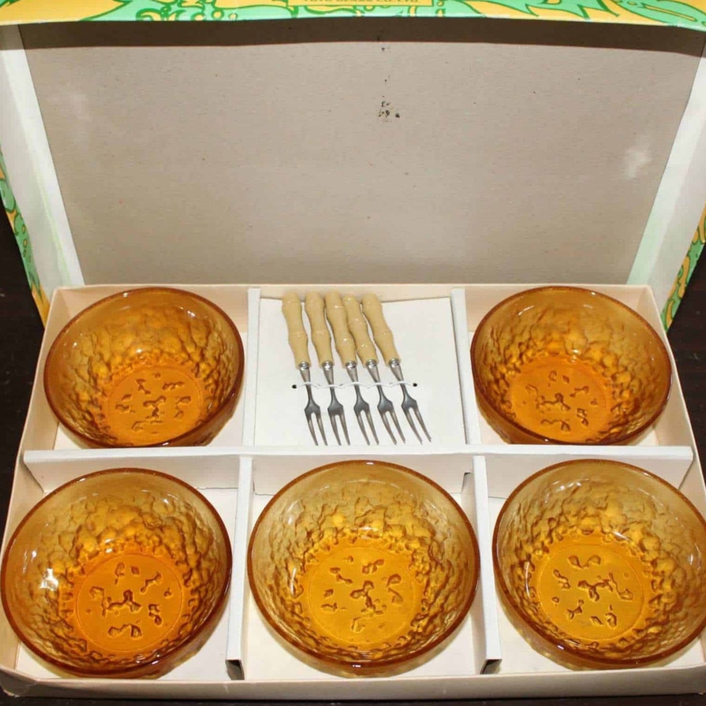 Fruit / Dessert Bowls, Toyo, Amber Glass with Forks, Vintage