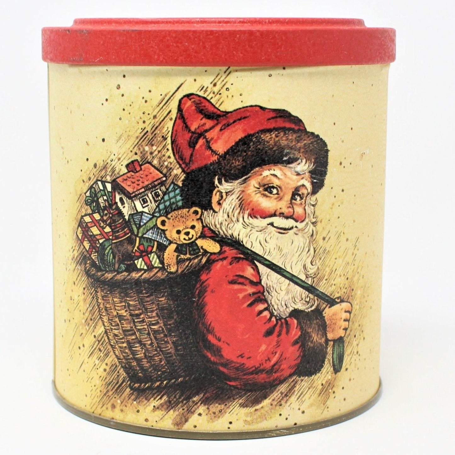 Gift Tin / Cookie Tin, Santa with Toy Basket, Potpourri Press, Vintage