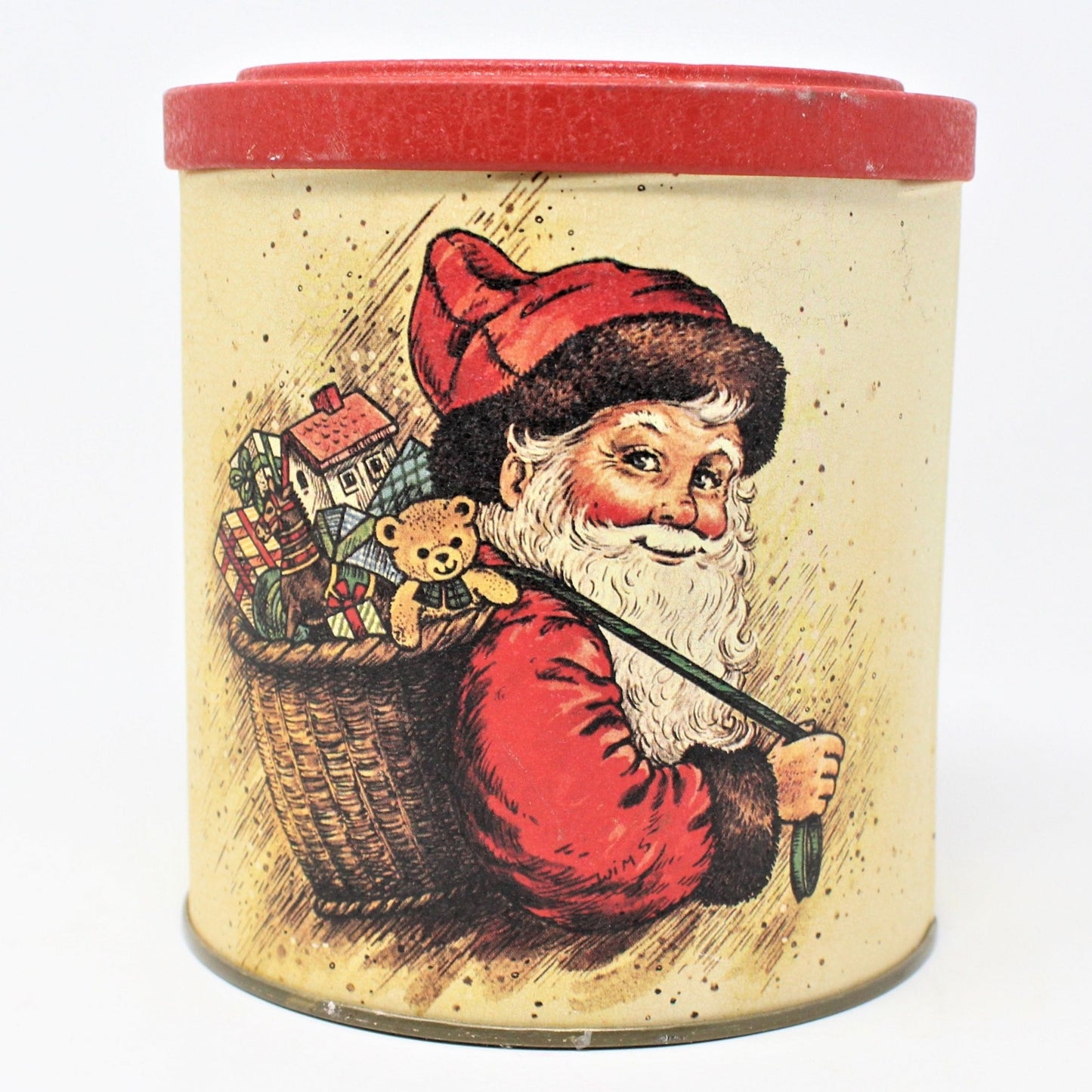 Gift Tin / Cookie Tin, Santa with Toy Basket, Potpourri Press, Vintage