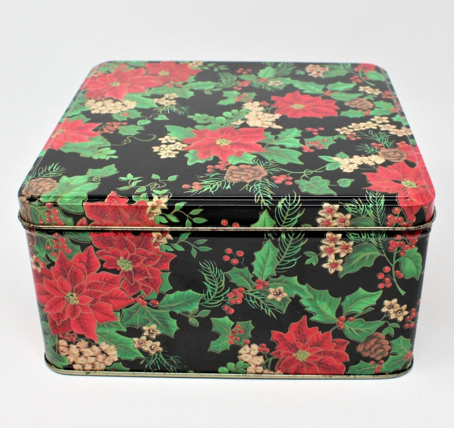 Gift Tin / Cookie Tin, Christmas Poinsettias, Square