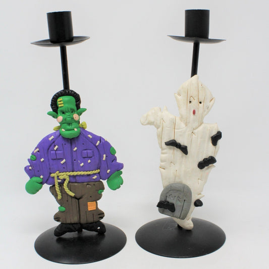 Candle Holders, Halloween Frankenstein and Ghost, Metal/Resin, Vintage, SOLD