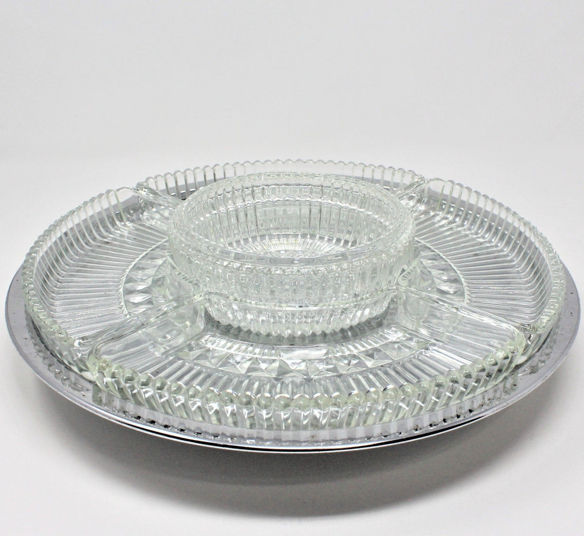 Lazy Susan: Kromex Chrome Plated Divided Serving Tray with Glass Inserts, USA, Vintage 1957 - SOLD