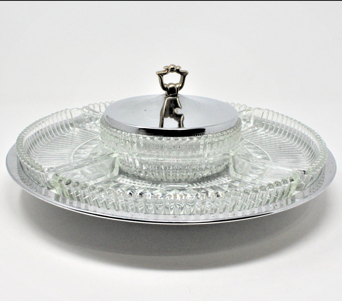 Lazy Susan: Kromex Chrome Plated Divided Serving Tray with Glass Inserts, USA, Vintage 1957 - SOLD