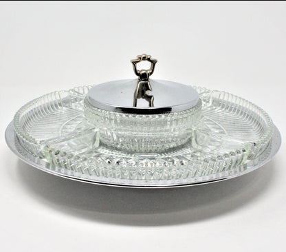 Lazy Susan: Kromex Chrome Plated Divided Serving Tray with Glass Inserts, USA, Vintage 1957 - SOLD