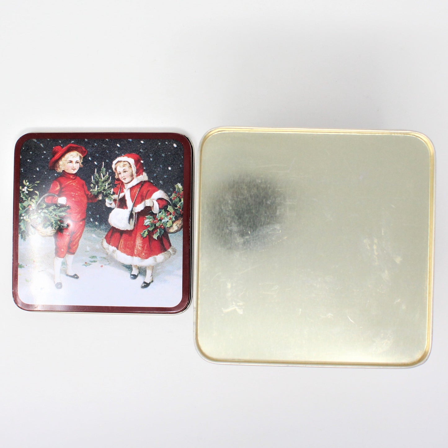 Gift Tin / Candy Tin, Christmas Victorian Children, Square, 5" Tall