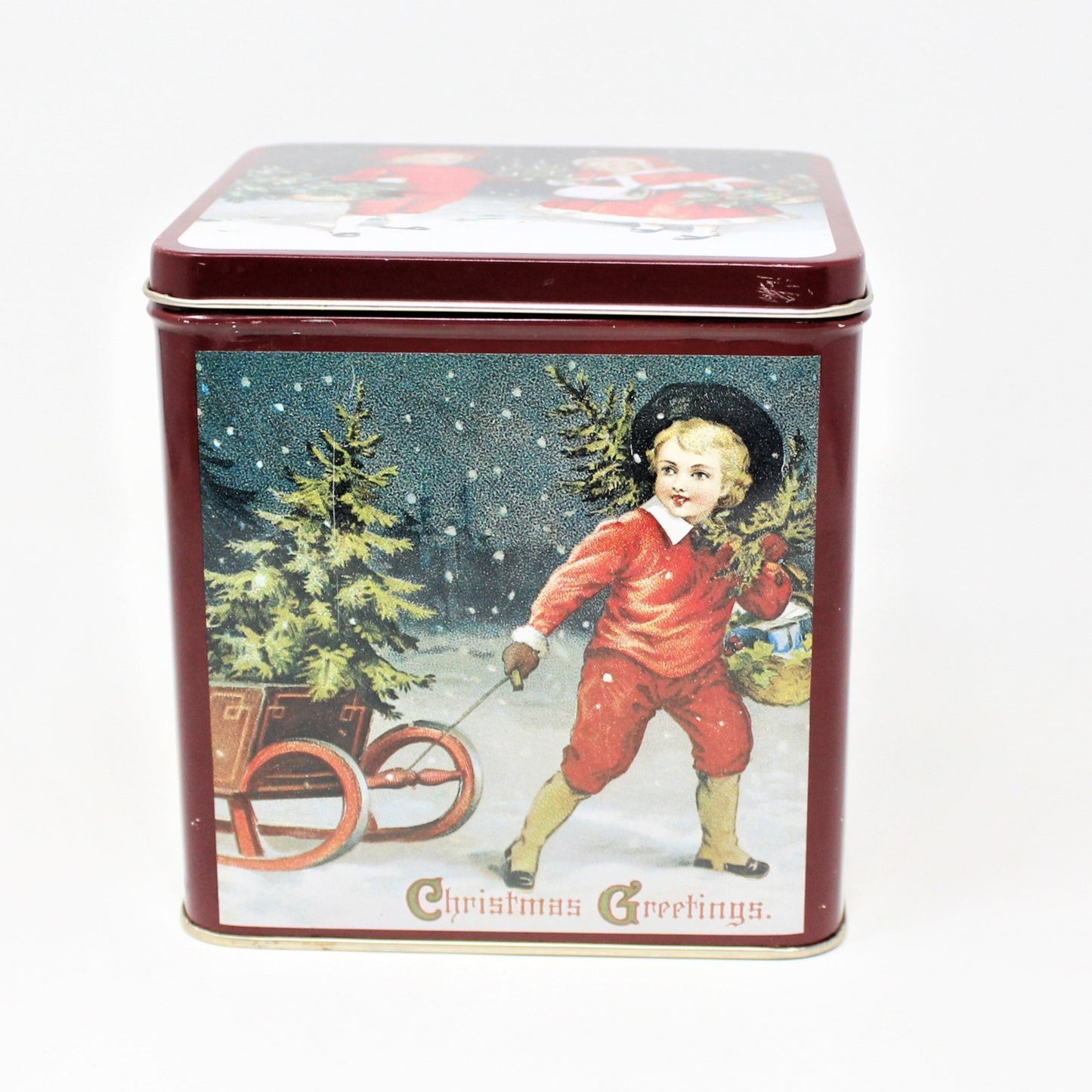 Gift Tin / Candy Tin, Christmas Victorian Children, Square, 5" Tall