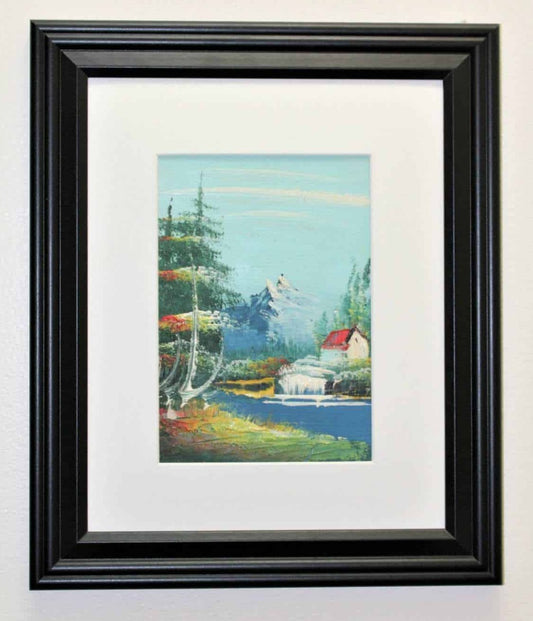 Painting Oil, Cabin by the Water Scene, Unsigned, Framed, Vintage