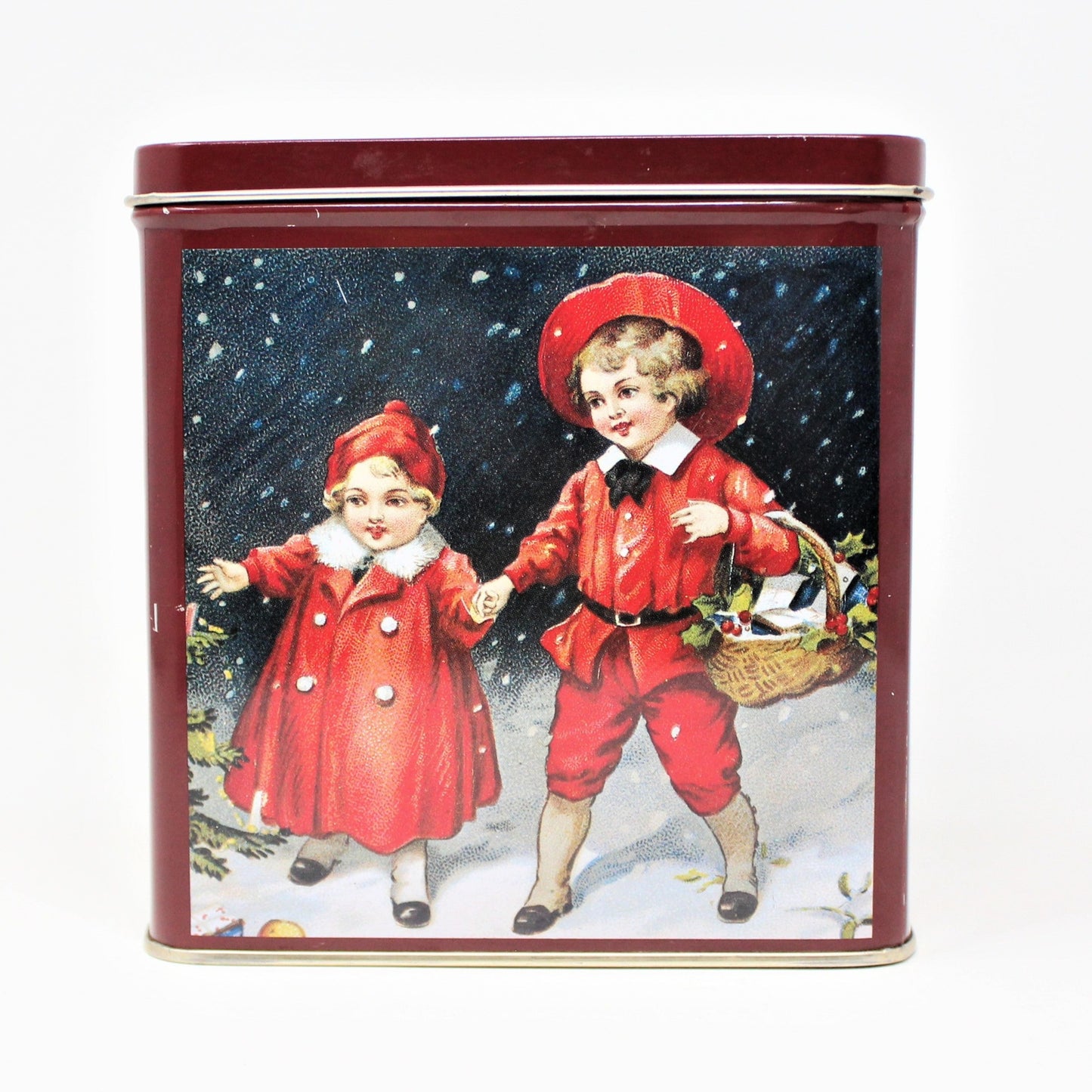 Gift Tin / Candy Tin, Christmas Victorian Children, Square, 5" Tall