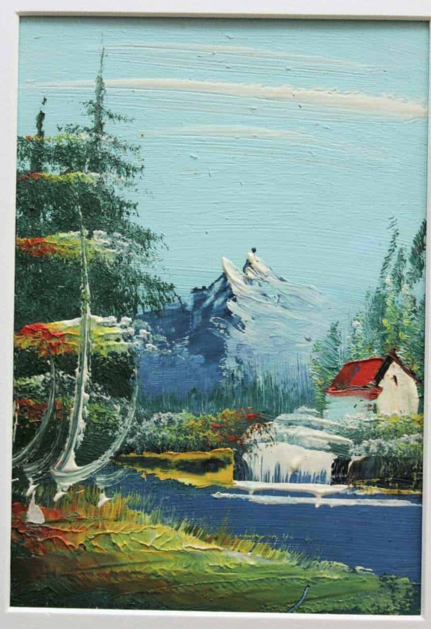 Painting Oil, Cabin by the Water Scene, Unsigned, Framed, Vintage