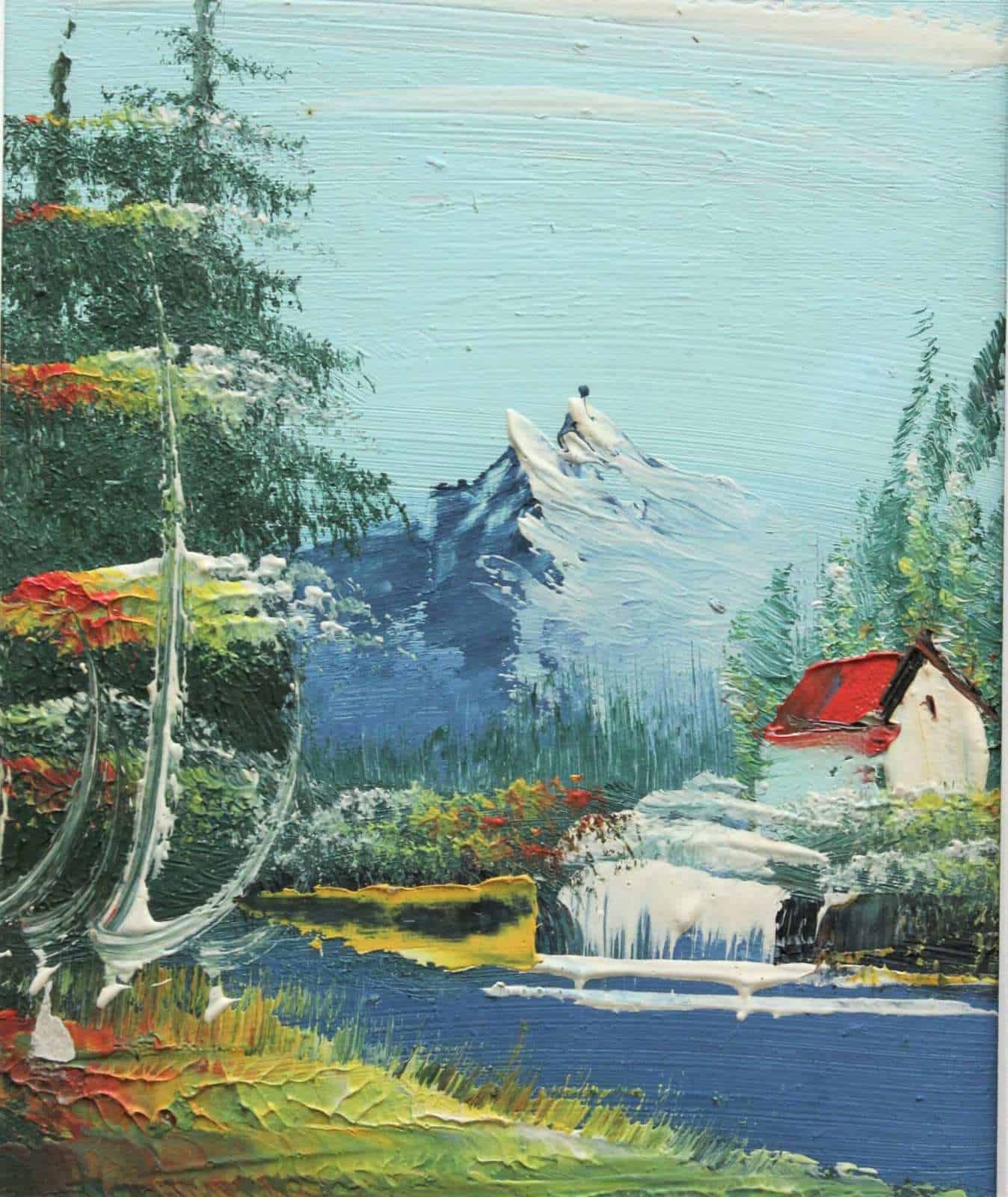 Painting Oil, Cabin by the Water Scene, Unsigned, Framed, Vintage