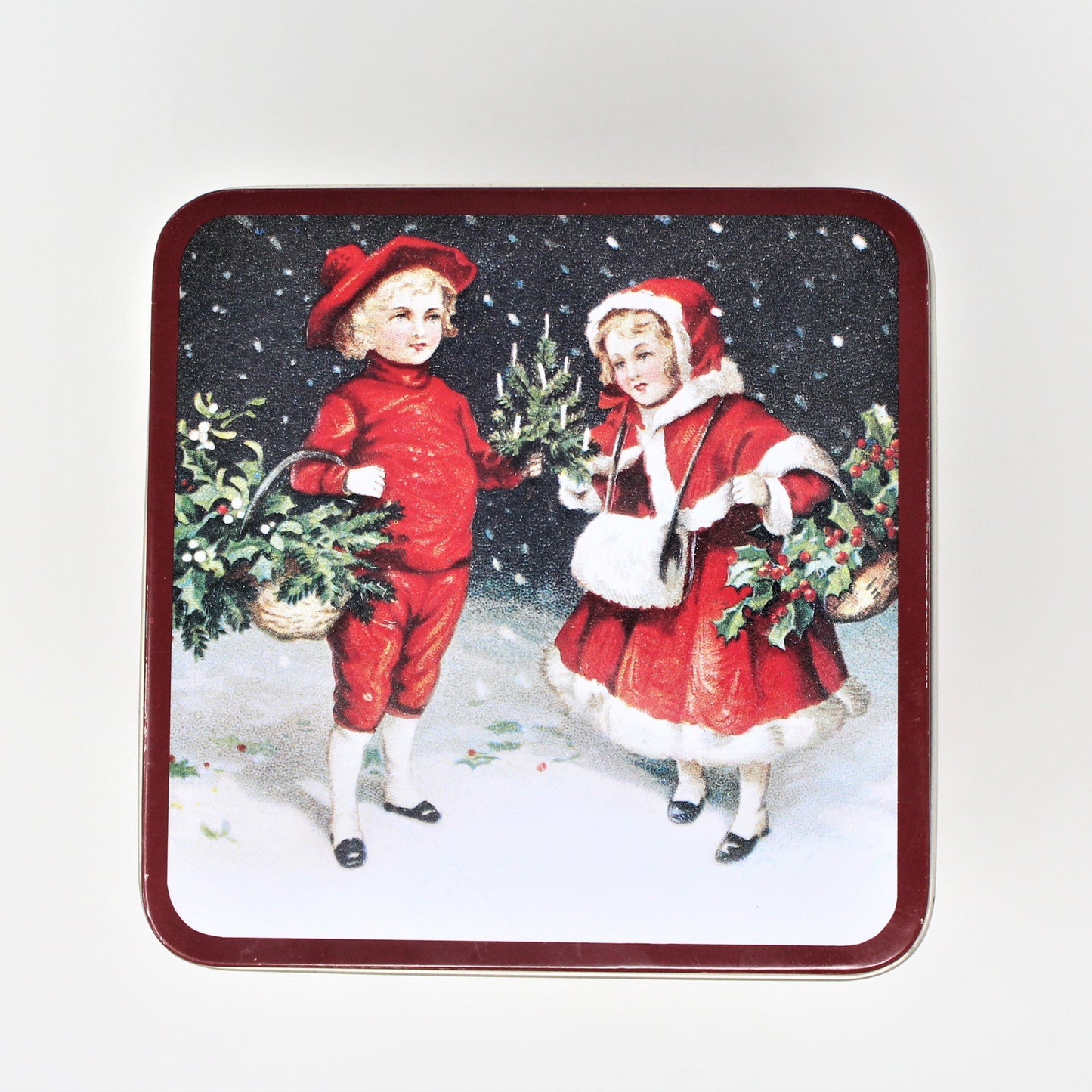Gift Tin / Candy Tin, Christmas Victorian Children, Square, 5" Tall