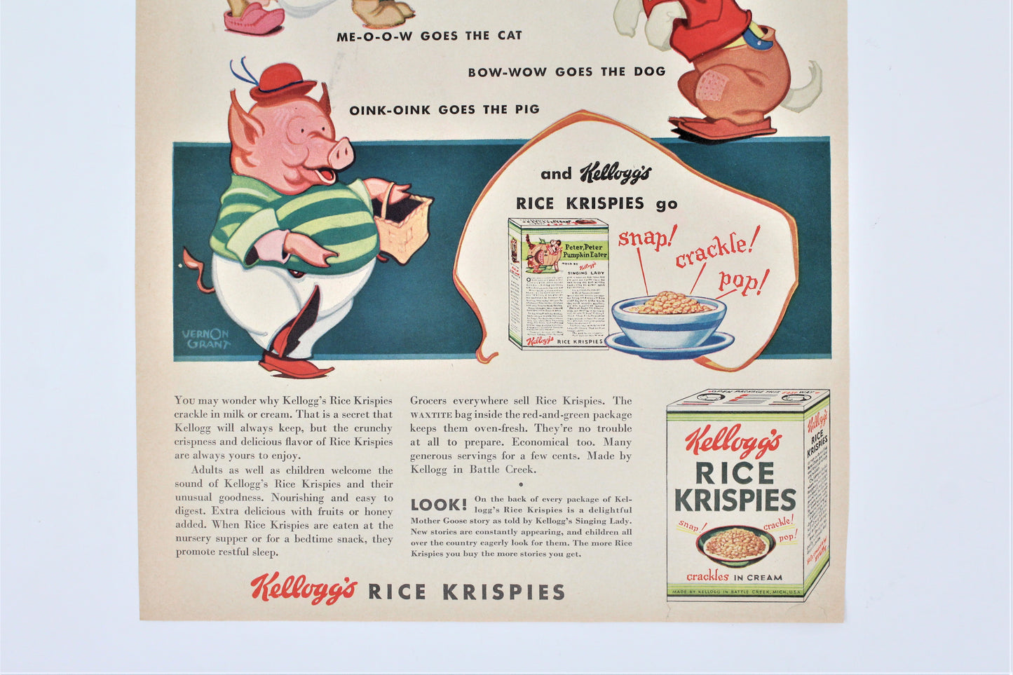 Advertisement, Kellogg's Rice Krispies, Cat, Dog, Pig, 1935, Original Magazine Ad, Vintage