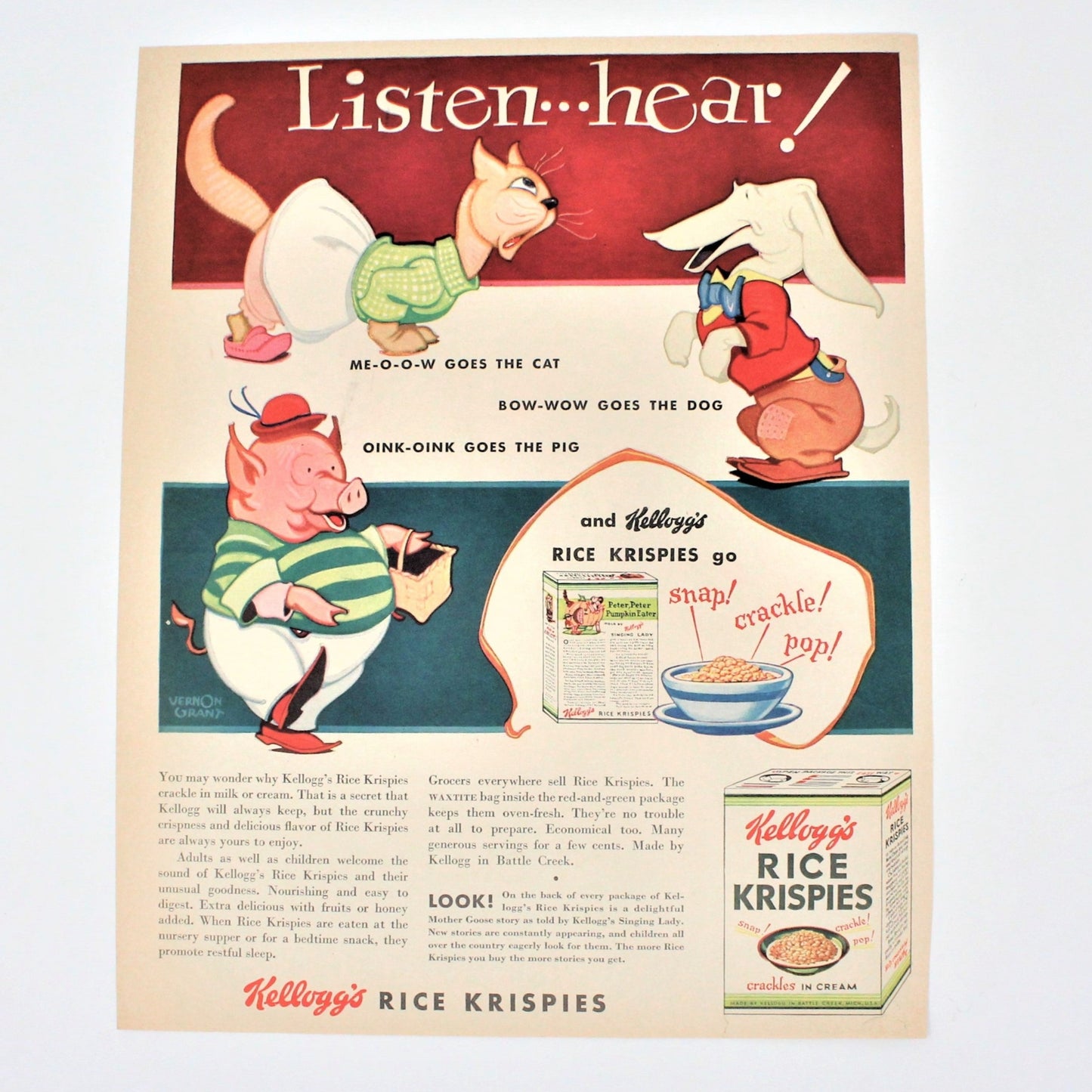 Advertisement, Kellogg's Rice Krispies, Cat, Dog, Pig, 1935, Original Magazine Ad, Vintage