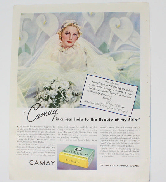 Advertisement, Camay Soap, 1936 Bride Wilcox, Original Magazine Ad, Vintage