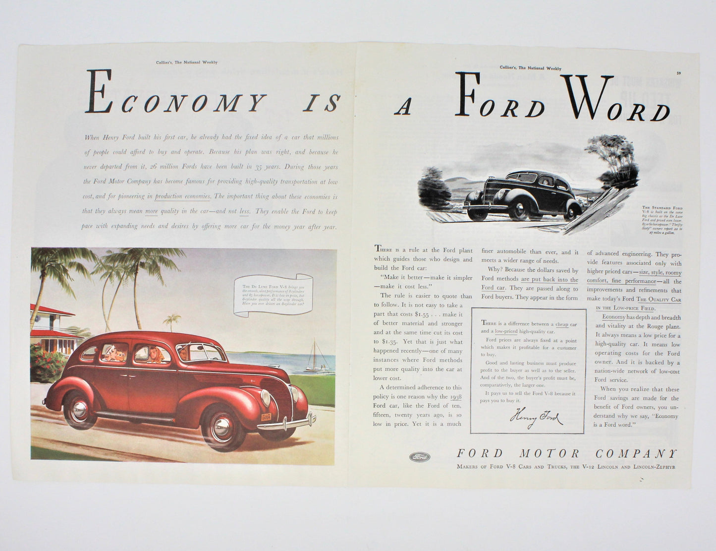 Advertisement, Ford De Luxe V-8, 1938, Double Page Original Magazine Ad, Vintage