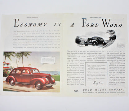 Advertisement, Ford De Luxe V-8, 1938, Double Page Original Magazine Ad, Vintage