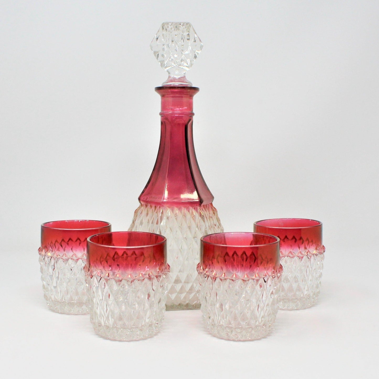 Vintage Decanter & Glasses Set.  Indiana Glass Diamond Point Ruby, 5 Pcs.