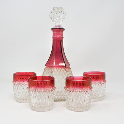 Vintage Decanter & Glasses Set.  Indiana Glass Diamond Point Ruby, 5 Pcs.