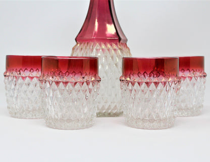 Indiana Glass Diamond Point Ruby Whiskey Glasses, Set of 4