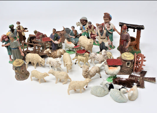 Figurines: Lot of Hard Plastic Shepherds & Sheep, Nativity Crafts, 40 Pieces, Vintage 1970s - SOLD