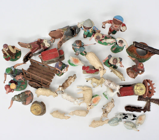 Figurines: Lot of Hard Plastic Shepherds & Sheep, Nativity Crafts, 40 Pieces, Vintage 1970s - SOLD