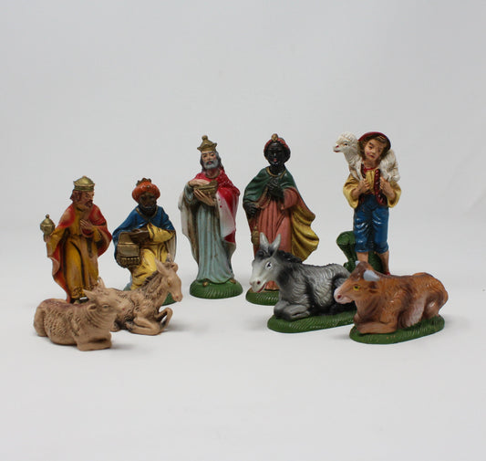 Figurines, Lot of Hard Plastic Christmas Nativity Figurines, Green Base Italy, 9 pcs, Vintage
