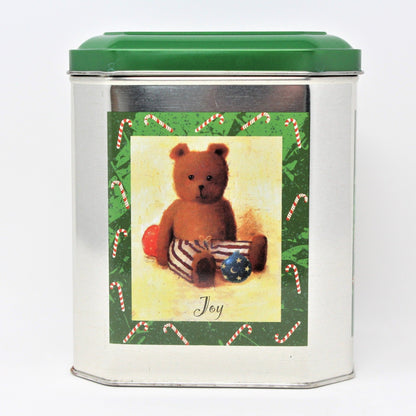 Gift Tin / Cookie Tin, Joy Teddy Bear & Candy Canes, Square