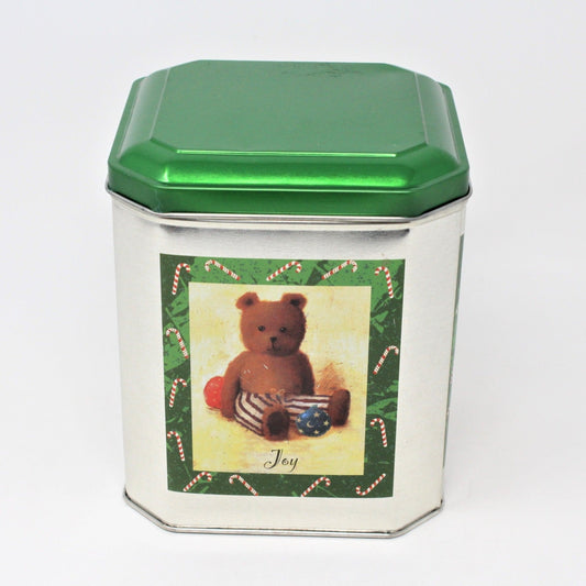 Gift Tin / Cookie Tin, Joy Teddy Bear & Candy Canes, Square