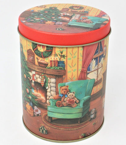 Gift Tin / Cookie Tin, Christmas Teddy Bears, Cylinder, Vintage