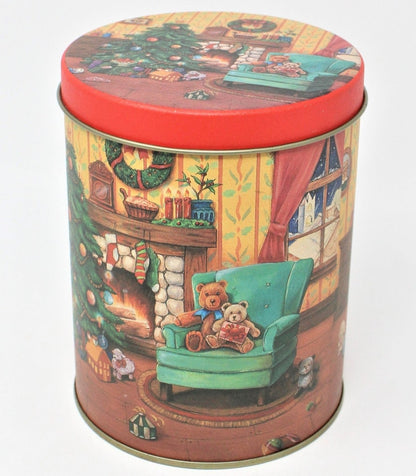 Gift Tin / Cookie Tin, Christmas Teddy Bears, Cylinder, Vintage