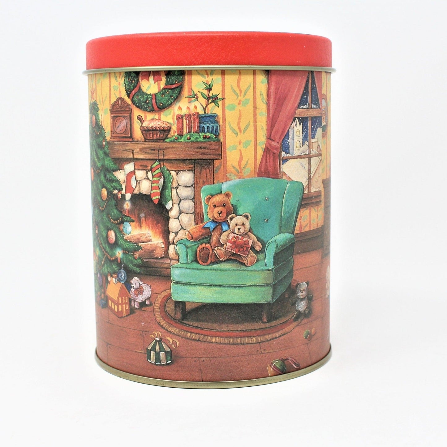 Gift Tin / Cookie Tin, Christmas Teddy Bears, Cylinder, Vintage