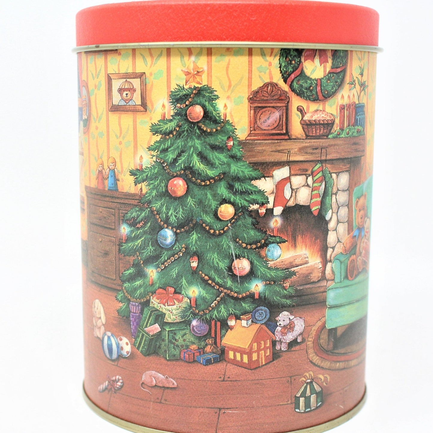 Gift Tin / Cookie Tin, Christmas Teddy Bears, Cylinder, Vintage