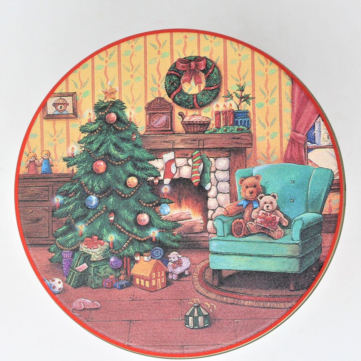 Gift Tin / Cookie Tin, Christmas Teddy Bears, Cylinder, Vintage