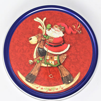 Gift Tin / Cookie Tin, Christmas Santa on Wooden Rocking Reindeer, Portugal