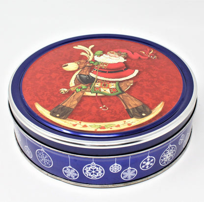 Gift Tin / Cookie Tin, Christmas Santa on Wooden Rocking Reindeer, Portugal