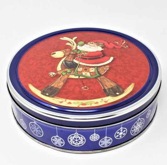 Gift Tin / Cookie Tin, Christmas Santa on Wooden Rocking Reindeer, Portugal