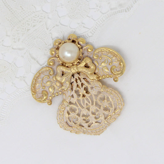 Pin / Brooch, Jane Davis AOL, Angel Gold & White Enamel with Pearl, Signed, Vintage