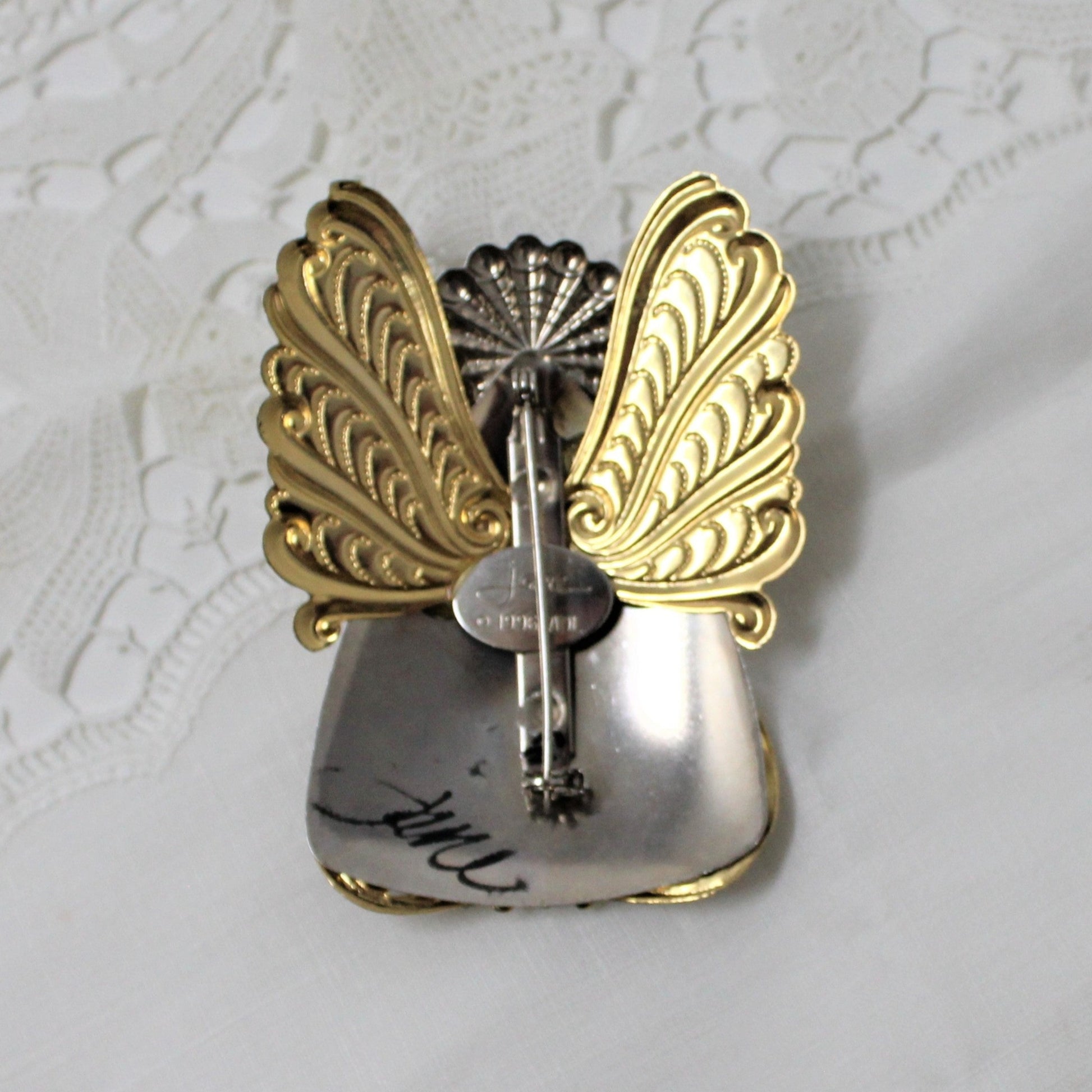Jane Davis Angel pin/brooch, back view with signature