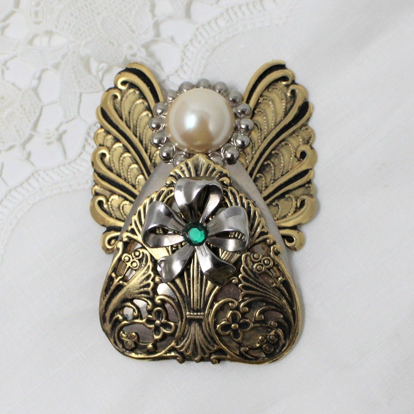 Jane Davis Angel Pin/Brooch. Silver & Gold with Green Rhinestone center, Vintage