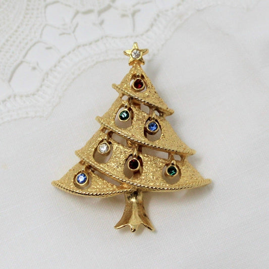 Vintage JJ Jonette Christmas Tree Pin/Brooch with colorful rhinestones