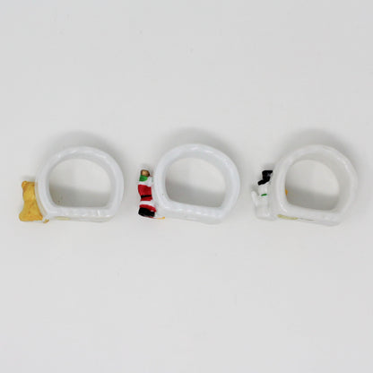 Napkin Rings, Porcelain Santa, Snowman & Teddy Bear, Set of 3, Vintage