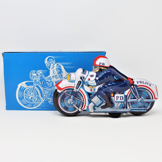 Vintage Toy, Friction Policy Motorcycle, Tin Litho NOS