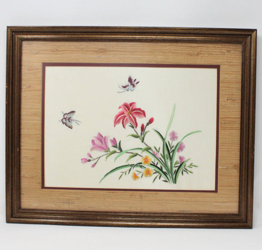 Needlework, Oriental Silk Embroidery, Butterflies & Floral, Framed, Vintage