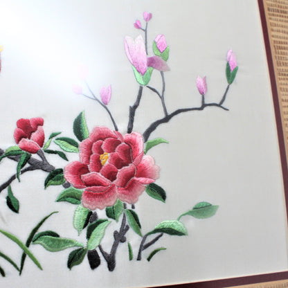 Needlework, Oriental Silk Embroidery, Bird & Floral, Framed, Vintage
