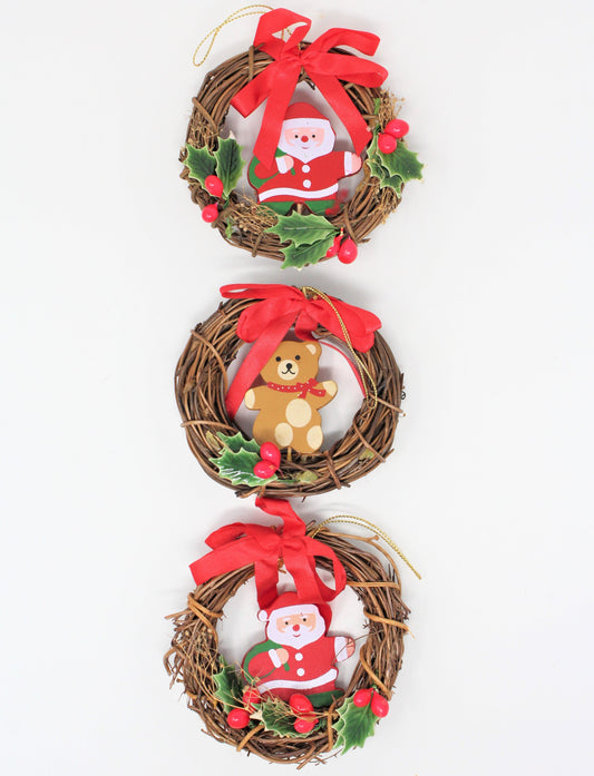 Ornaments, Santa & Teddy Bear Wreaths, Natural Grapevine, Set of 3, Vintage Christmas