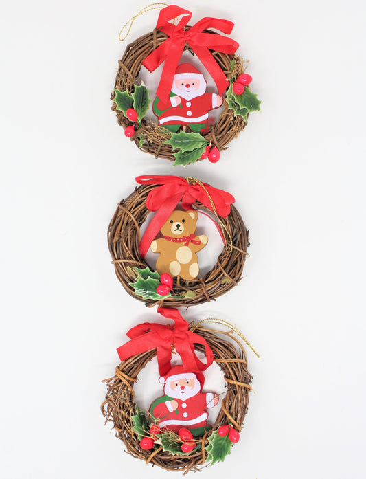 Ornaments, Christmas Wreaths Santa & Teddy Bear, Natural Grapevine, Set of 3, Vintage